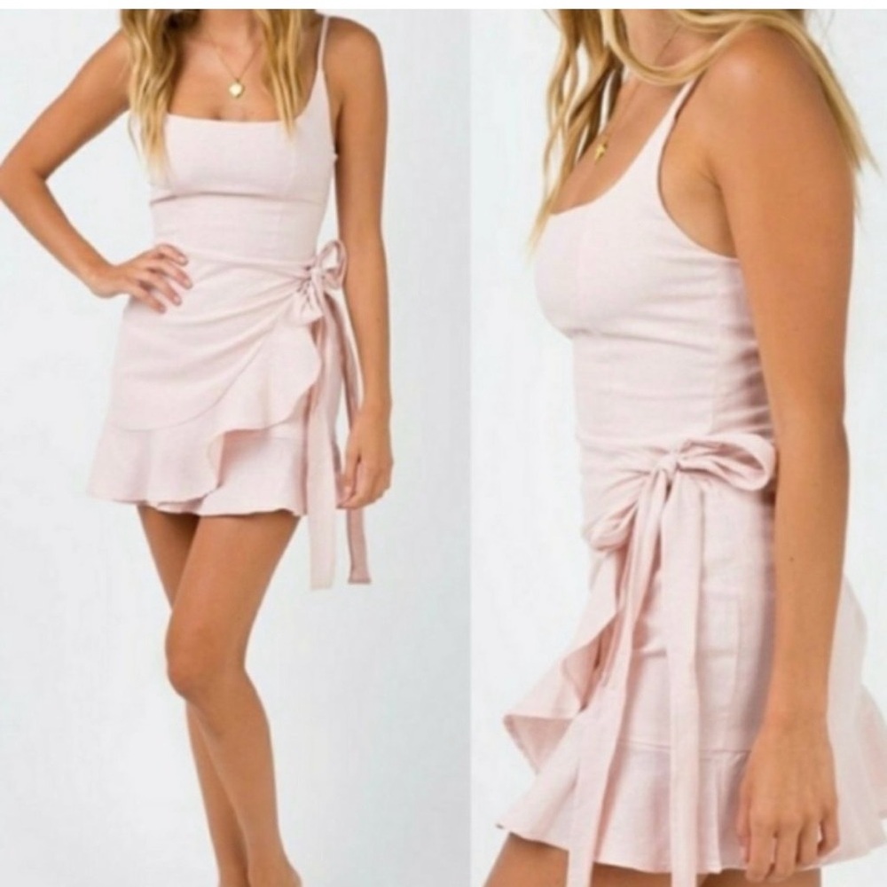 Blush Pink Wrap Mini Dress | Tie Waist | Ruffle Hem
